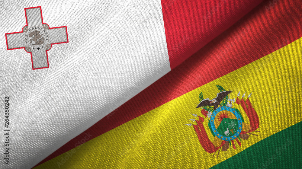 Fototapeta premium Malta and Bolivia two flags textile cloth, fabric texture