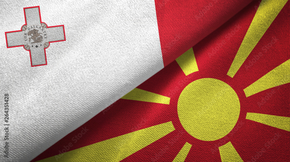Fototapeta premium Malta and Macedonia two flags textile cloth, fabric texture