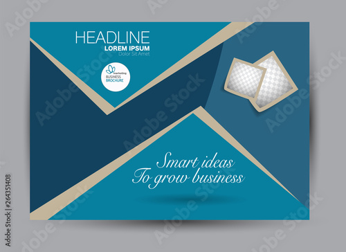 Landscape wide flyer template. Billboard banner abstract background design. Business, education, presentation, advertisement concept. Blue color. Vector illustration.