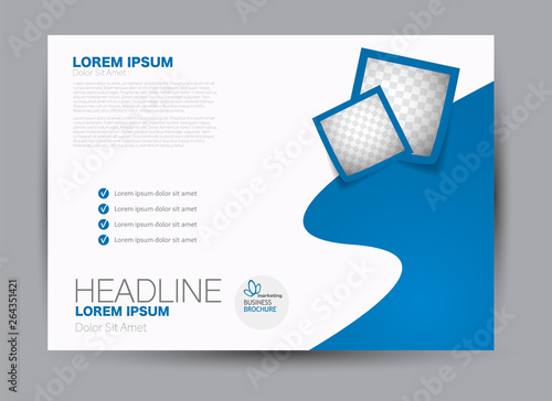 Landscape wide flyer template. Billboard banner abstract background design. Business, education, presentation, advertisement concept. Blue color. Vector illustration.