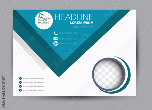 Landscape wide flyer template. Billboard banner abstract background design. Business, education, presentation, advertisement concept. Blue color. Vector illustration.