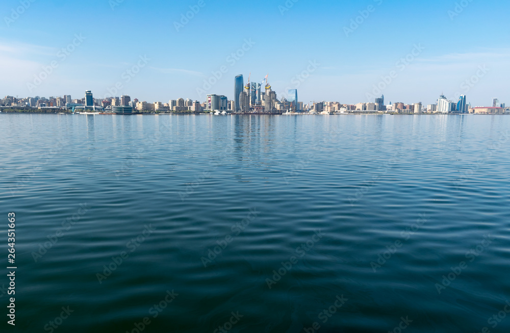 Naklejka premium Baku, Azerbaijan - April 13, 2019: Baku city from the sea Bay. Republic of Azerbaijan.