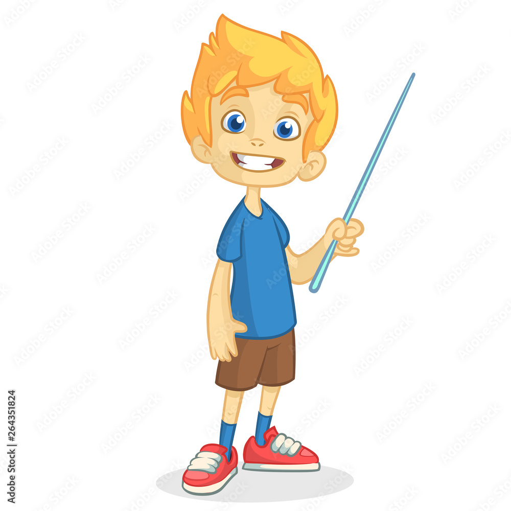 Cartoon little boy in shorts and t-shirt. Vector illustration of a funny teenager kid making presentation with pointer Cartoon little boy in shorts and t-shirt. Vector illustration of a funny teenager kid making presentation with pointer