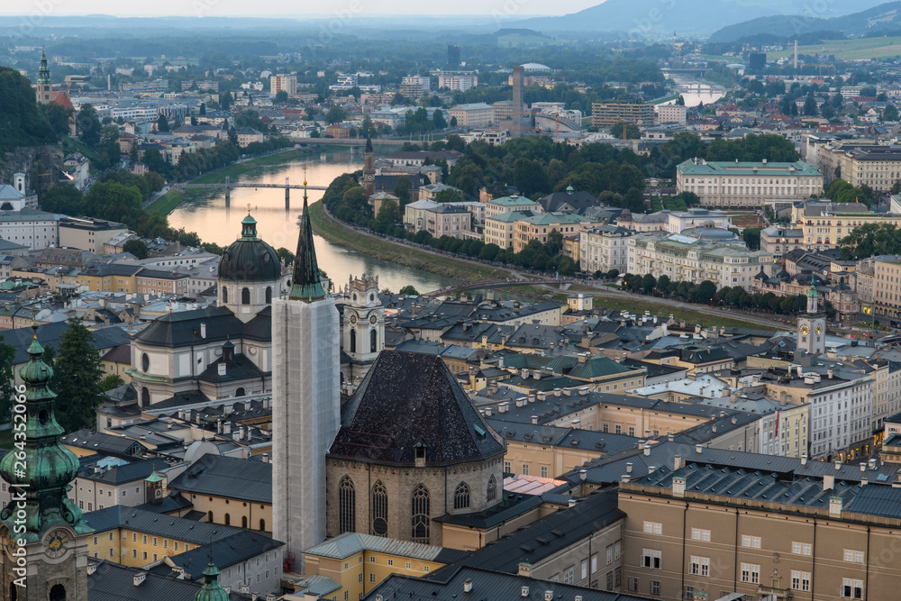 Aerial view of the old city of Salzburg. UNESCO world heritage. The Salzach river