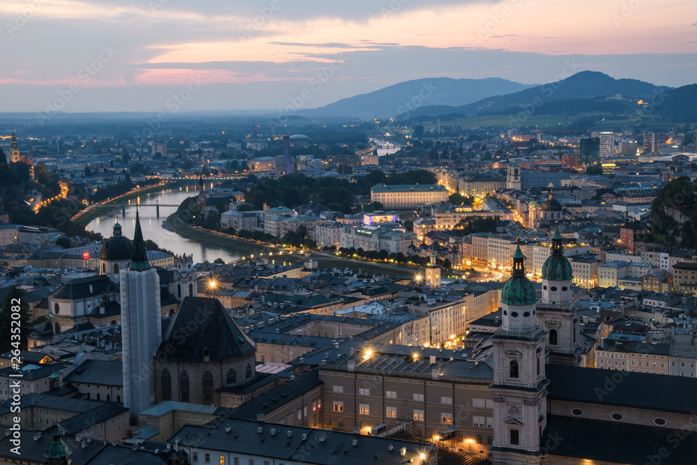Evening view of Salzburg from the height of bird flight. UNESCO world heritage. The Salzach river