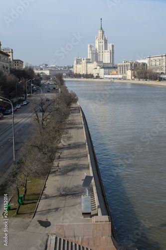 Embankment of the Moscow river overlooking the Stalin skyscraper