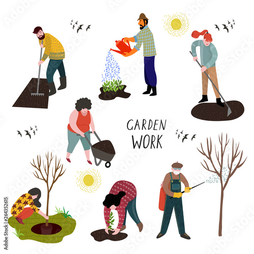 Set of isolated people working in the garden over planting, watering, developing the land and treating trees from pests. Vector