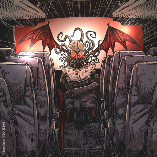 Monster reading newspaper in travel bus