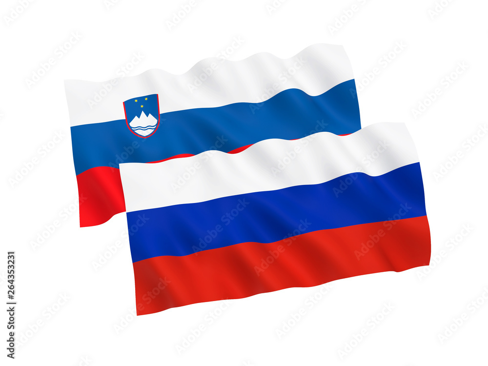 National fabric flags of Russia and Slovenia isolated on white background. 3d rendering illustration. 1 to 2 proportion. National fabric flags of Russia and Slovenia isolated on white background. 3d rendering illustration. 1 to 2 proportion.