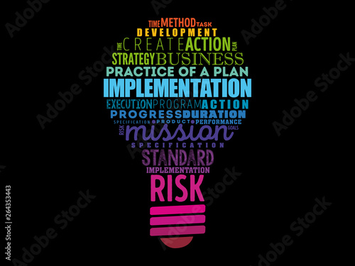 Implementation light bulb word cloud collage, business concept background