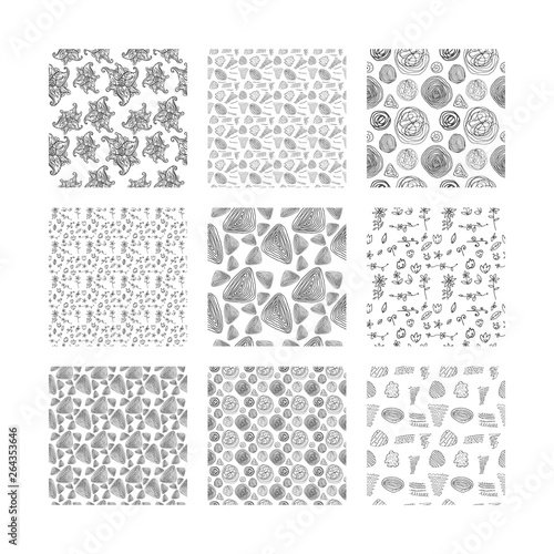set of hand-drawn seamless textures. black and white vector illustration
