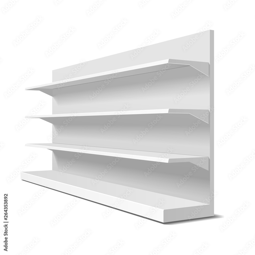 Blank Empty Showcase Display With Retail Shelves. 3D. Side View. Mock Up, Template. Illustration Isolated On White Background. Ready For Your Design. Product Advertising. Vector EPS10 Blank Empty Showcase Display With Retail Shelves. 3D. Side View. Mock Up, Template. Illustration Isolated On White Background. Ready For Your Design. Product Advertising. Vector EPS10