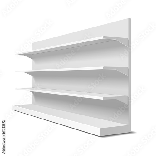 Blank Empty Showcase Display With Retail Shelves. 3D. Side View. Mock Up, Template. Illustration Isolated On White Background. Ready For Your Design. Product Advertising. Vector EPS10