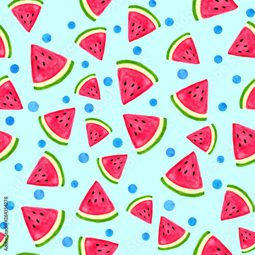 Watercolor abstract seamless pattern with dots and watermelon slices. Random texture on light blue background