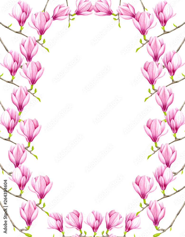 Beautiful watercolor pink magnolia flowers frame. Hand drawn illustration on white background with space for text for wedding invitations, save the date, greeting cards