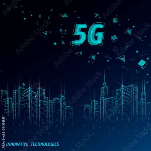 5G new wireless internet wifi connection. Urban buildings cityscape. Global network high speed innovation connection data rate technology vector illustration