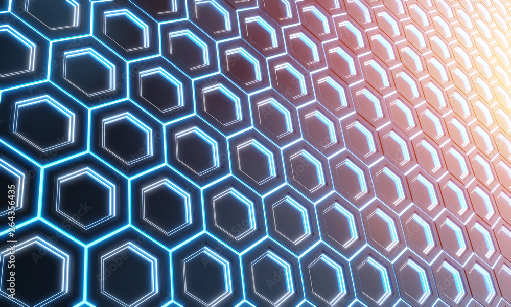 Glowing black blue and orange hexagons background pattern on silver metal surface 3D rendering Glowing black blue and orange hexagons background pattern on silver metal surface 3D rendering