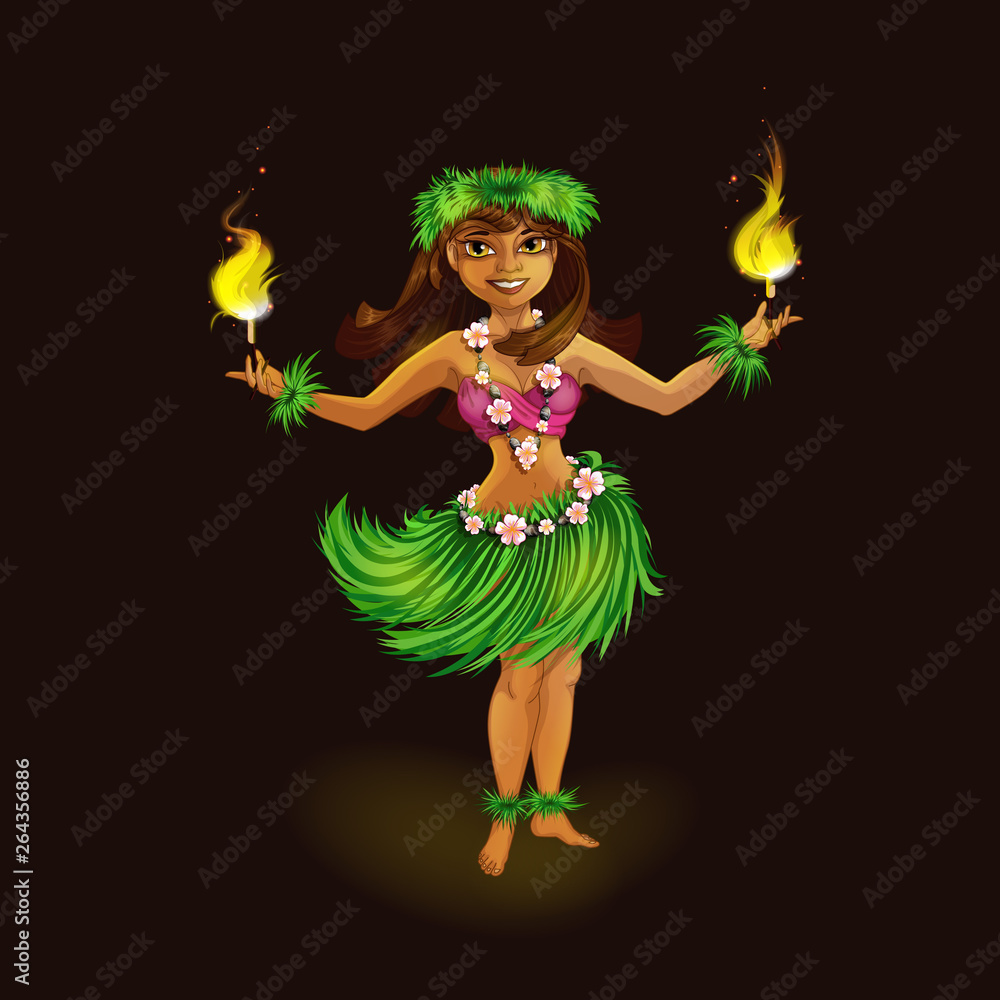 Girl dancer in Hawaiian folk clothes with torches for fiery dance. Hula Dance and Fire Show. Holidays in the Hawaiian Islands. Vector illustration. Character in the cartoon style. Girl dancer in Hawaiian folk clothes with torches for fiery dance. Hula Dance and Fire Show. Holidays in the Hawaiian Islands. Vector illustration. Character in the cartoon style.