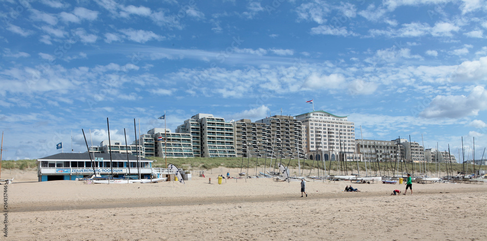 Noordwijk Netherlands coast Northsea. Beach and modern apartments. Summer. 