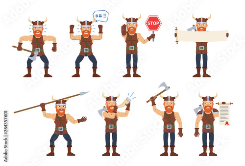 Set of viking characters showing different actions. Cheerful viking holding stop sign, scroll, spear, blowing in the horn, celebrating victory, angry. Flat style vector illustration