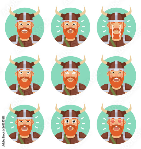 Set of viking emoticons. Viking avatars showing different emotions. Happy, sad, angry, think, cry, in love, laugh and other facial expressions. Flat style vector illustration