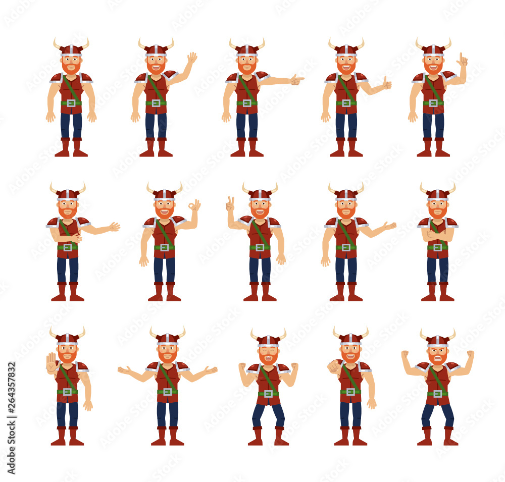 Big set of viking characters showing different hand gestures. Cheerful viking showing thumb up, pointing, greeting, victory sign, stop and other hand gestures. Simple vector illustration Big set of viking characters showing different hand gestures. Cheerful viking showing thumb up, pointing, greeting, victory sign, stop and other hand gestures. Simple vector illustration