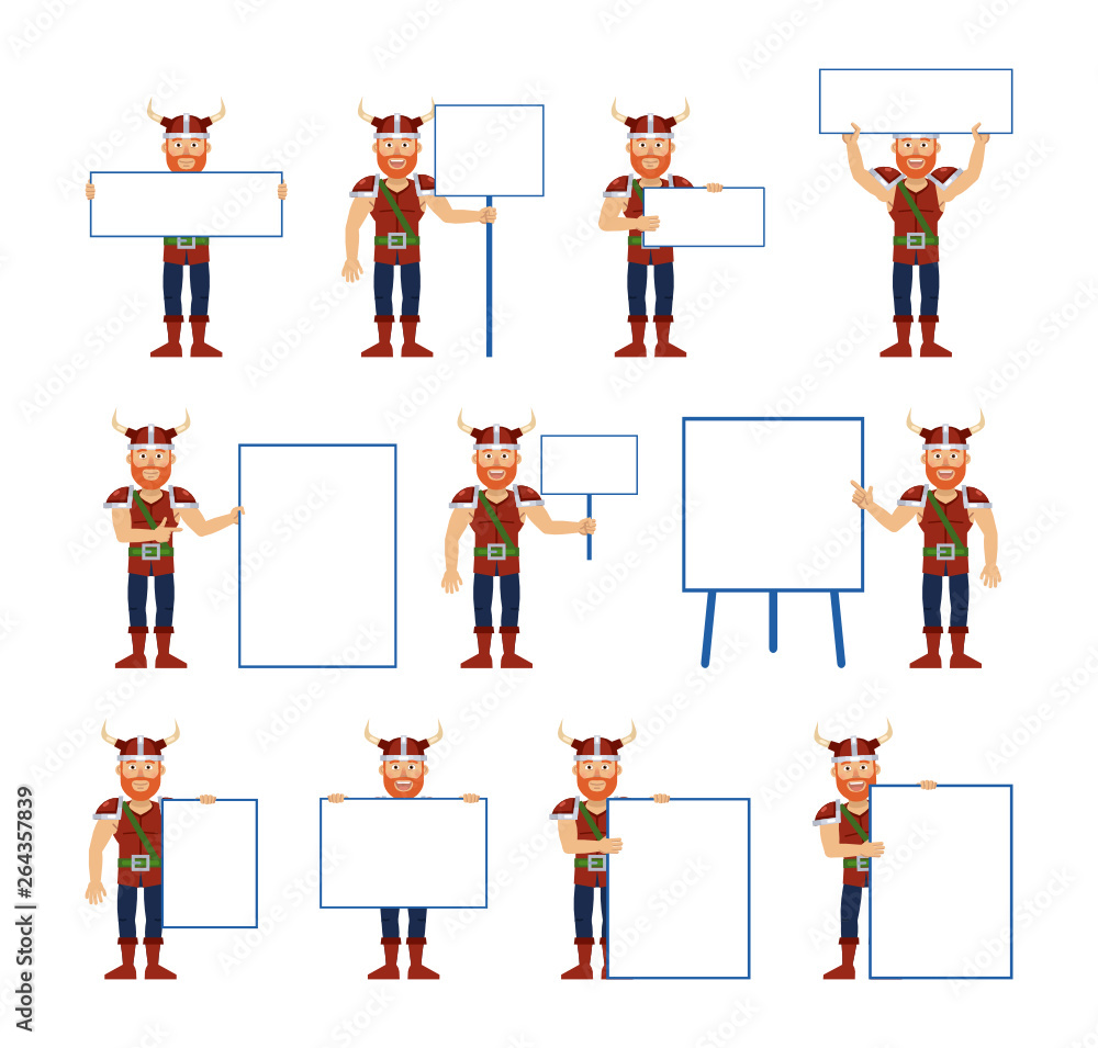Big set of viking characters posing with different blank banners. Cheerful viking holding paper, poster, placard, pointing to whiteboard. Teach, advertise, promote. Simple vector illustration