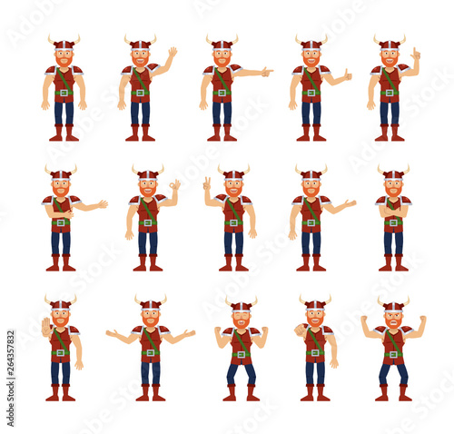 Big set of viking characters showing different hand gestures. Cheerful viking showing thumb up, pointing, greeting, victory sign, stop and other hand gestures. Simple vector illustration