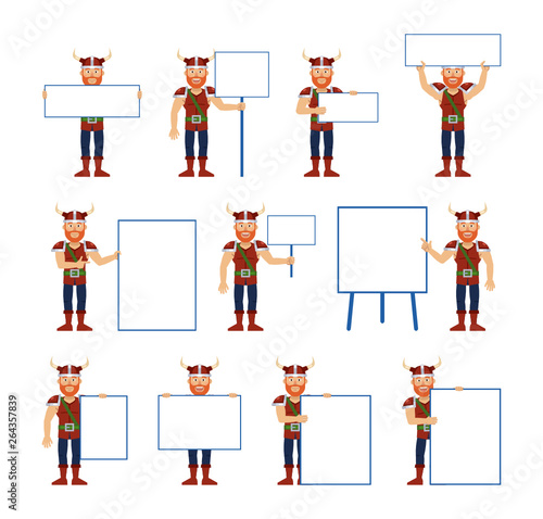 Big set of viking characters posing with different blank banners. Cheerful viking holding paper, poster, placard, pointing to whiteboard. Teach, advertise, promote. Simple vector illustration