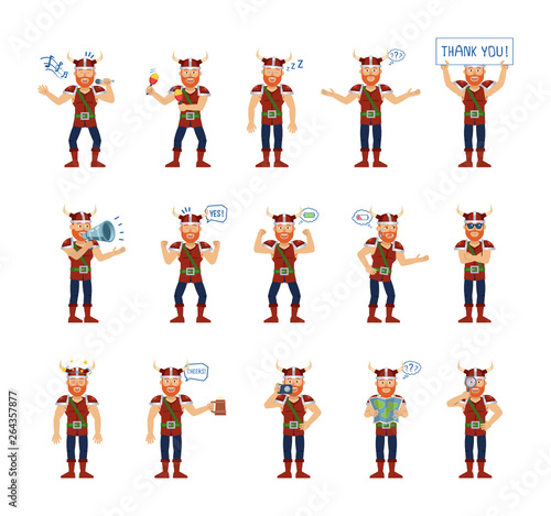 Big set of viking characters showing different actions, gestures, emotions. Cheerful viking singing, sleeping, holding loudspeaker, mug of beer, map and doing other actions. Simple vector illustration