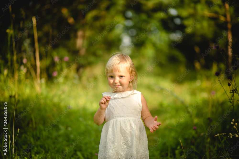 Beautiful little girl in white dress eating one small flower in Beautiful little girl in white dress eating one small flower in