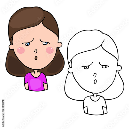 Funny cartoon characters of girls, expression of emotions and mood, portrait, children's book for painting, vector illustration
