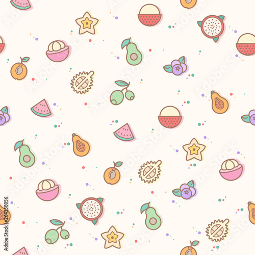 Fototapeta Naklejka Na Ścianę i Meble -  colorful fruit seamless pattern.  Collection Of durian, lychee, avocado, mangosteen, plum. Template for design fabric, backgrounds, wrapping paper.