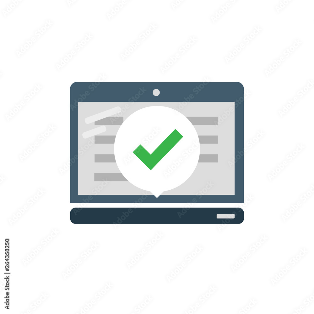 Laptop with checkmark or tick notification in bubble. Approved choice. Accept or approve checkmark. Vector stock illustration. Isolated on white background. Laptop with checkmark or tick notification in bubble. Approved choice. Accept or approve checkmark. Vector stock illustration. Isolated on white background.