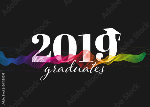 Congratulations graduates class of 2019. Creative party invitation, banner, poster, card. Background design with typography and colorful trendy waves.