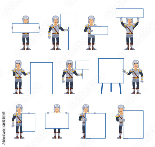 Big set of knight characters posing with different blank banners. Cheerful knight holding paper, poster, placard, pointing to whiteboard. Teach, advertise, promote. Simple vector illustration