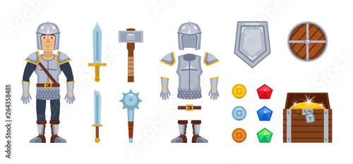 Knight character with different game elements. Vector icons of sword, medieval weapons, armor, helmet, shield, coins, gemstones and treasure chest. Simple vector illustration