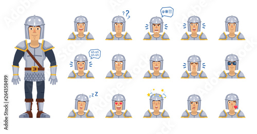 Big set of knight emoticons. Medieval knight avatars showing different facial expressions. Happy  sad  smile  laugh  cry  surprised  serious  sleepy and other emotions. Simple vector illustration