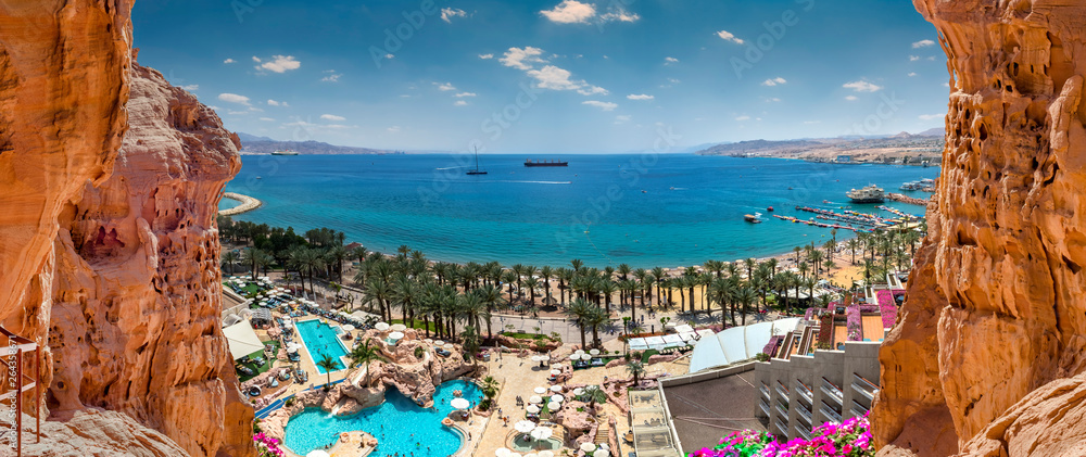 Aerial view on central public beach and promenade in Eilat, Israel
