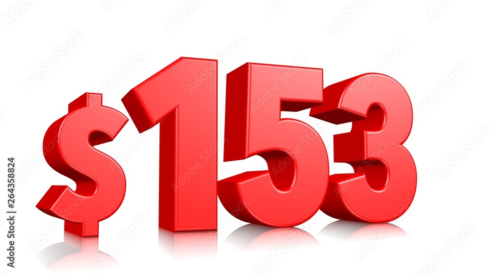 153$ One hundred fifty three price symbol. red text number 3d render with dollar sign on white background 153$ One hundred fifty three price symbol. red text number 3d render with dollar sign on white background
