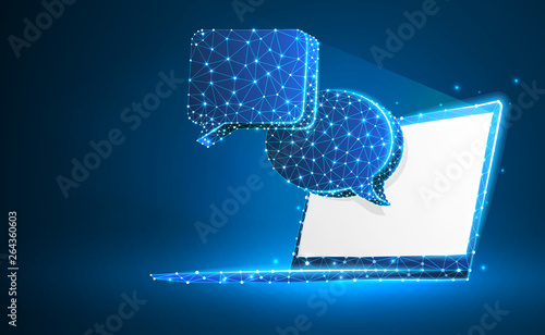 Chat clouds on white notebook screen. Device, communication, dialog, text boubble concept. Abstract, digital, wireframe, low poly mesh, vector blue neon 3d illustration. Triangle, line, dot, star photo