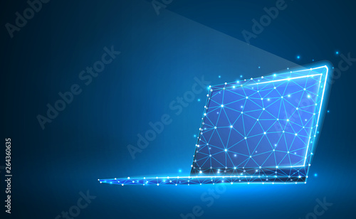 Laptop, notebook composed of polygons. Internet, devices, computer symbol. Abstract, digital, wireframe, low poly mesh, vector blue neon 3d illustration. Triangles, lines, dots, stars