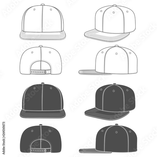 Set of black and white images of a rapper cap with a flat visor, snapback. Isolated objects on white background.
