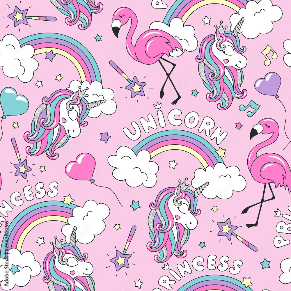 Magic pink pattern with unicorn and flamingo. Colorful trendy seamless pattern. Fashion illustration drawing in modern style for clothes. Drawing for kids clothes, t-shirts, fabrics or packaging.