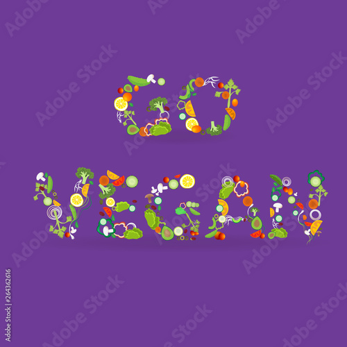 Vegetables pattern with an inscription go vegan, for web and print decoration, vector , Healthy food, cartoon illustration