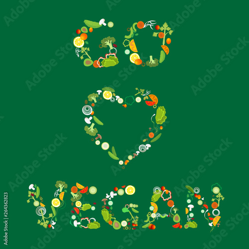 Heart of vegetable pattern with an inscription go vegan