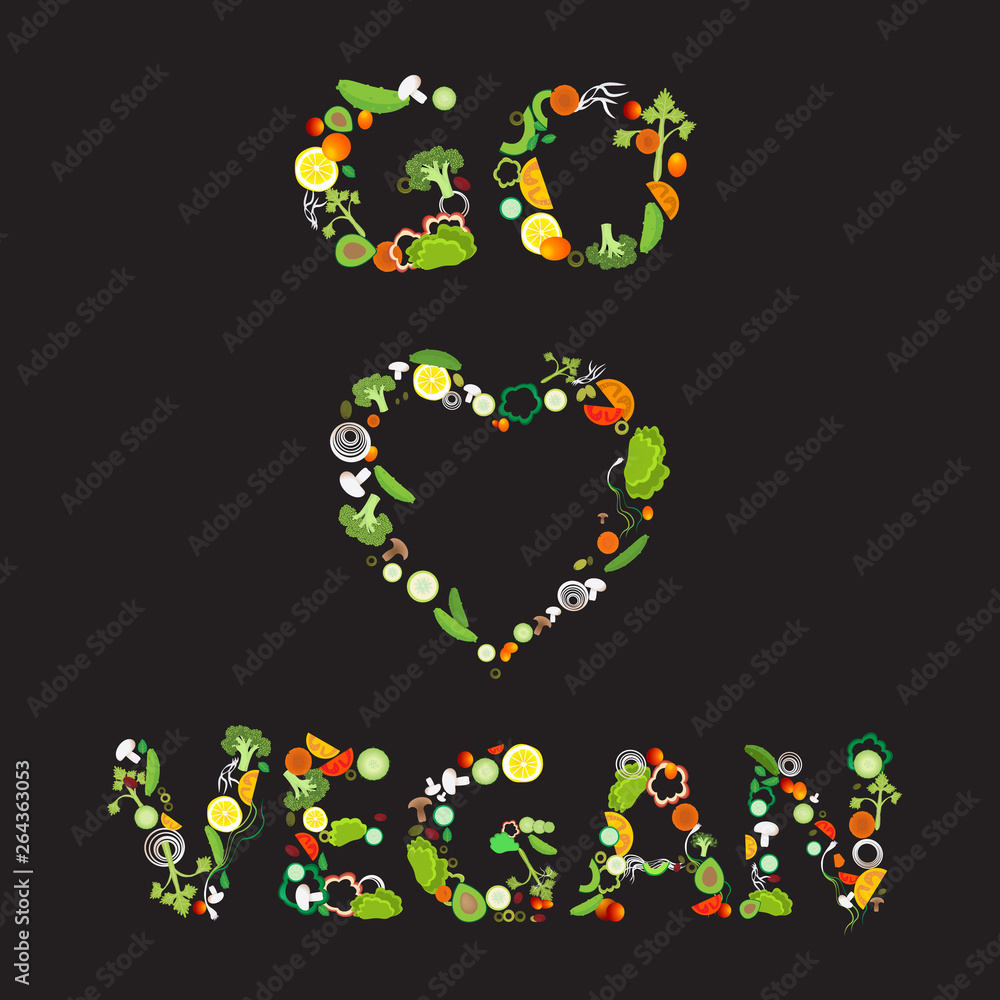 Heart of vegetable pattern with an inscription go vegan