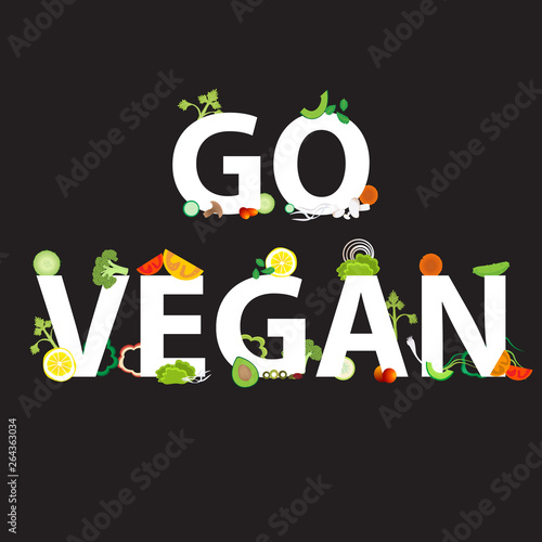 Vegetables pattern with an inscription go vegan, for web and print decoration, vector , Healthy food, cartoon illustration