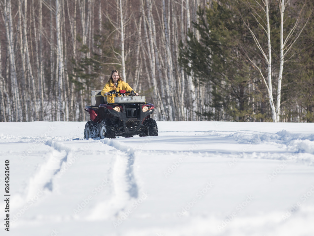 A winter forest. A young smiling woman in bright yellow jacket riding snowmobile A winter forest. A young smiling woman in bright yellow jacket riding snowmobile