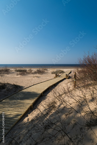 Fototapeta Naklejka Na Ścianę i Meble -  New wooden road leading from the beach dune forest with pines and white sent to the Baltic Sea gulf - Vecaki, Latvia